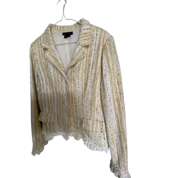 Simon Chang Beige Lace Trim Blazer Jacket Size 10 - Picture 6 of 11